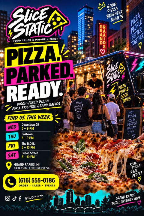 A vibrant flyer for a pizza food truck featuring a neon logo, a schedule of locations, a photo of a food truck at night, and a close-up of a cheesy pepperoni pizza.