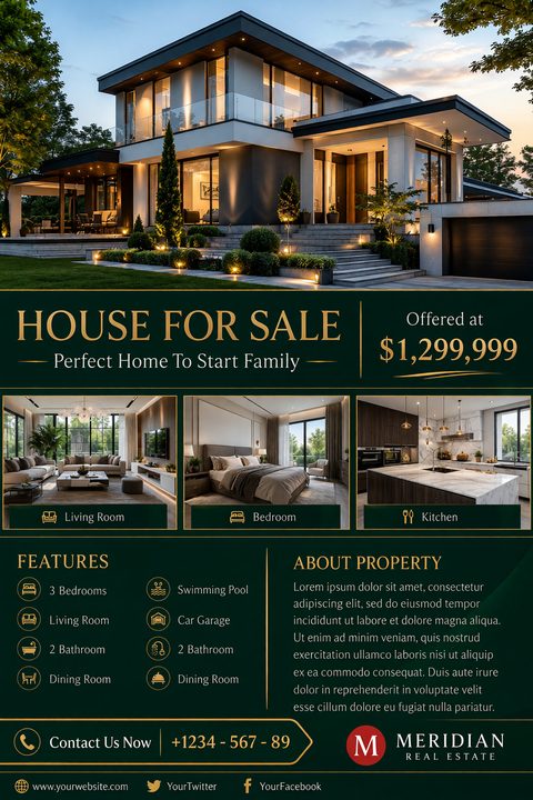 A real estate flyer with a dark green background and gold text. The top half features a large photo of a modern, luxury home at dusk. Below are three smaller photos showing a living room, bedroom, and kitchen. The text includes 'House For Sale', a.