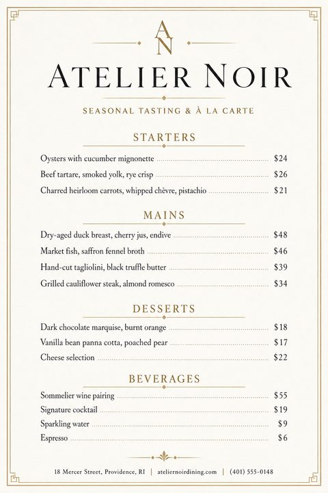 An elegant, minimalist restaurant menu flyer with a cream background, black text, and subtle gold borders and accents. It lists starters, mains, desserts, and beverages with prices.