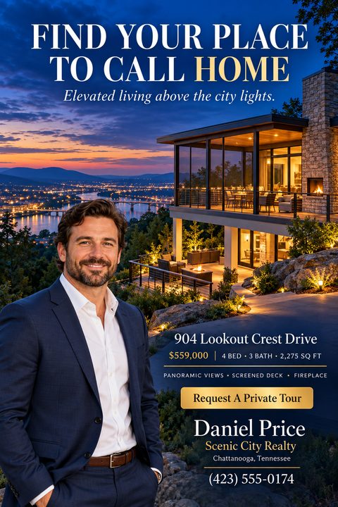 A real estate flyer featuring a smiling male agent in a suit in the foreground. Behind him is a modern luxury home at twilight, overlooking a city and river. Text reads 'Find Your Place To Call Home' and includes property details and agent contact.