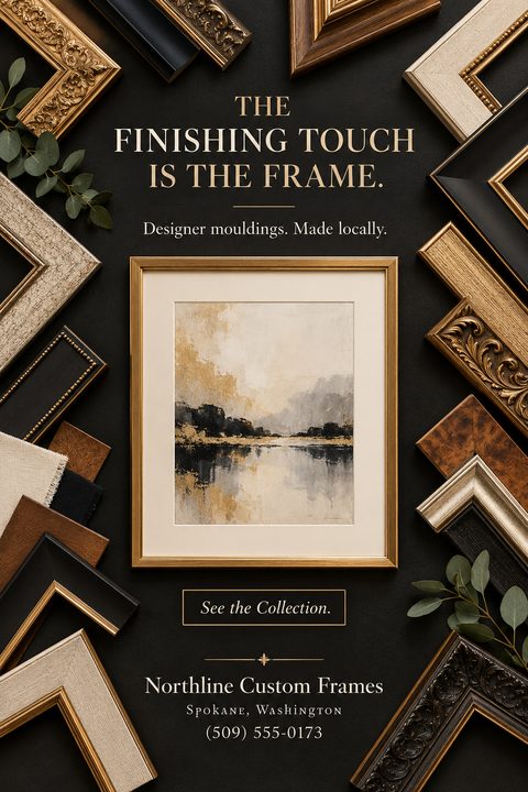 A dark, elegant flyer featuring a central framed abstract landscape surrounded by various ornate, wood, and metallic frame corners. Gold text promotes custom designer mouldings and local framing services.