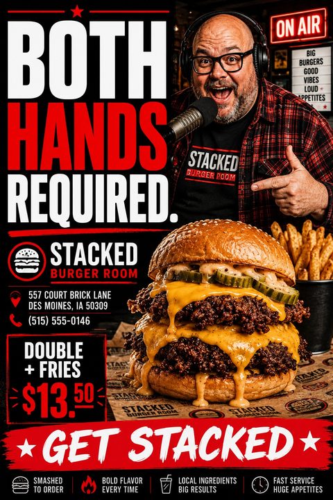 A bold black and red flyer for a burger joint featuring a massive double cheeseburger with melting cheese. Large text reads 'Both Hands Required' alongside a photo of an enthusiastic man with a microphone.
