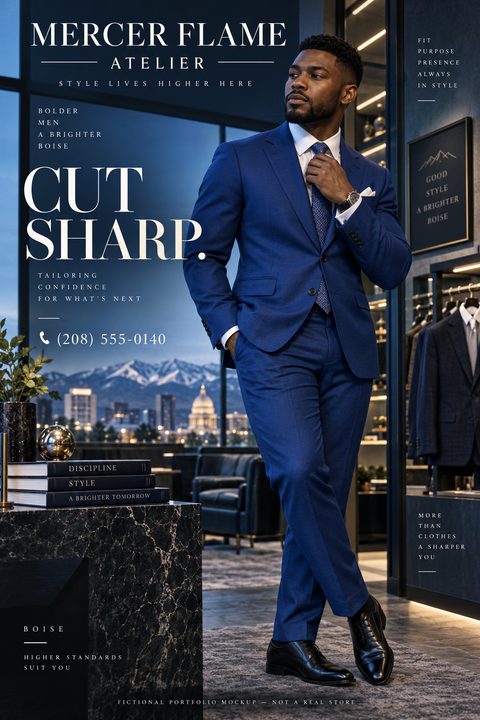 Flyer for a men's tailoring atelier featuring a man in a sharp blue suit adjusting his tie, standing in a sophisticated boutique with a city skyline view in the background.