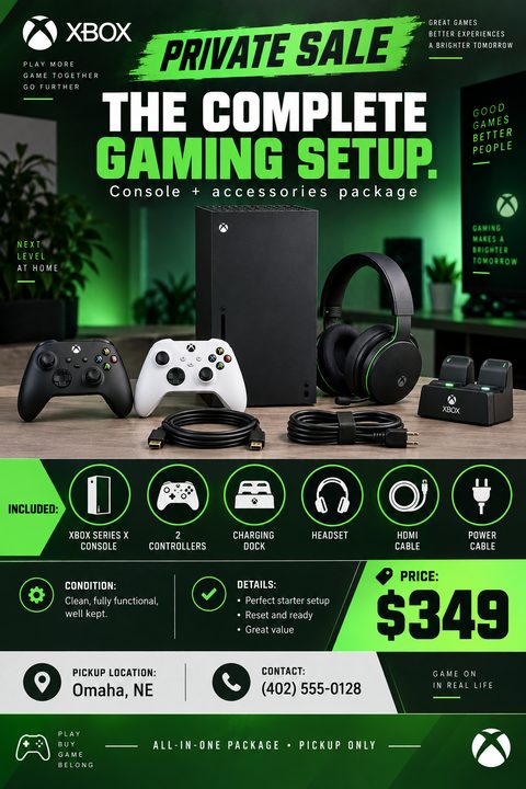 A modern flyer for selling a gaming console setup. It features a dark background with neon green text, a large photo of the console and accessories, an icon grid detailing inclusions, and a prominent price.