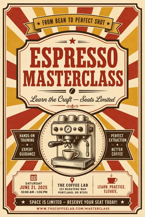 Vintage-style flyer for an Espresso Masterclass featuring a red and yellow sunburst background, a central illustration of an espresso machine, and decorative ribbons with class details and date.