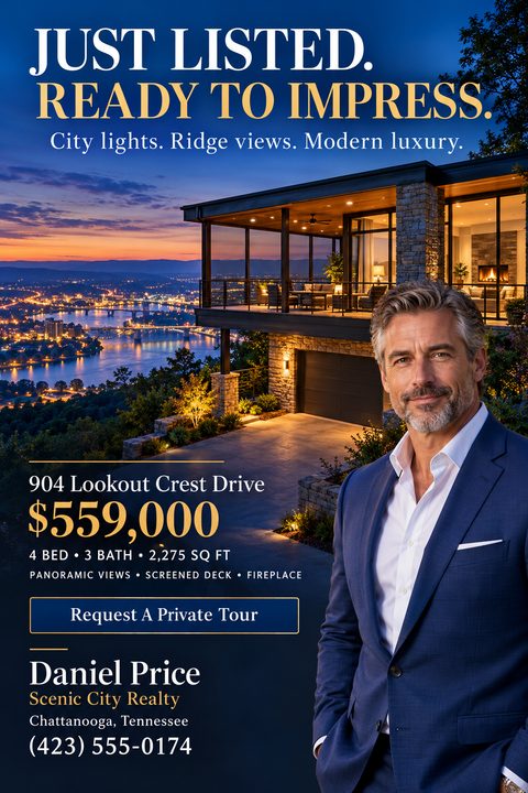 Real estate flyer with a twilight photo of a modern house overlooking a city and river. A real estate agent in a blue suit is pictured on the right. Text reads 'Just Listed. Ready to Impress.'