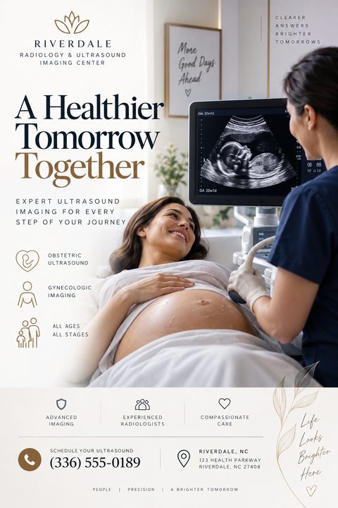 A flyer for Riverdale Radiology & Ultrasound Imaging Center. It features a photo of a pregnant woman smiling during an ultrasound exam. The text reads 'A Healthier Tomorrow Together' and lists services like obstetric ultrasound and gynecologic.
