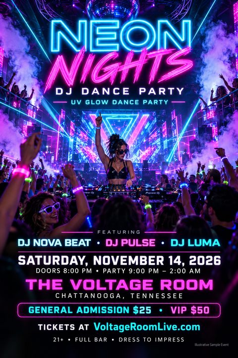 Flyer for a DJ dance party titled 'Neon Nights' featuring a female DJ performing in front of a large crowd with glowing neon lights and smoke effects.