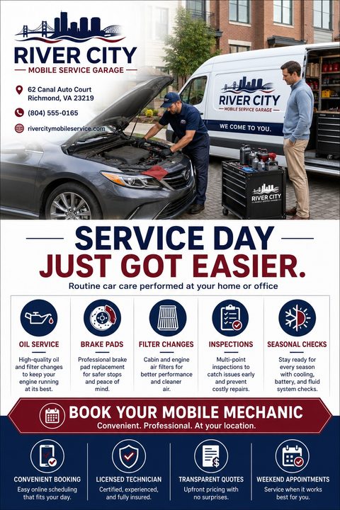 Flyer for a mobile mechanic service. Top half shows a mechanic working on a car engine next to a branded van while the owner watches. Bottom half lists services like oil, brakes, filters, inspections, and seasonal checks with icons.