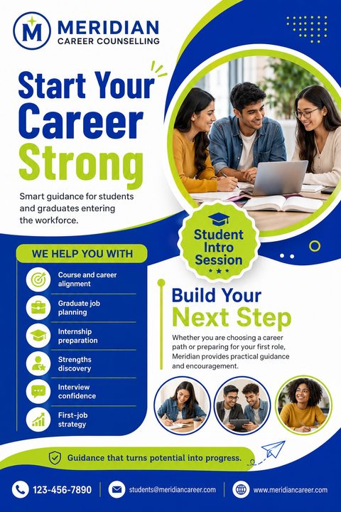 A career counseling flyer with a blue and green color scheme. It features a large photo of three students studying, a list of services like 'Course and career alignment' and 'Graduate job planning', and three smaller photos of students working.