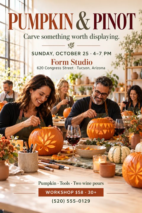Flyer for 'Pumpkin & Pinot' workshop showing adults smiling while carving pumpkins and drinking red wine in a bright studio setting.