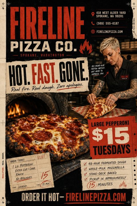 A grunge-style flyer for a pizza shop with a large photo of a pepperoni pizza, a photo of a tattooed woman making pizza, and text promoting a $15 Tuesday special.