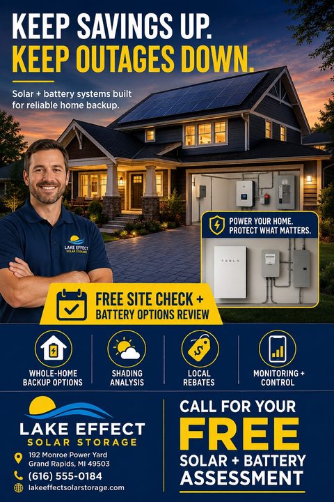 Flyer for solar and battery storage services featuring a house with solar panels at sunset, a smiling installer, and an inset image of a home battery system.