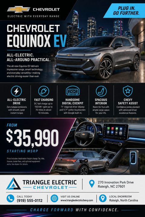 A modern car dealership flyer featuring a silver electric SUV parked in a city at night. The flyer highlights key features like all-electric drive and fast charging with icons, shows interior and charging photos, and lists a starting price.