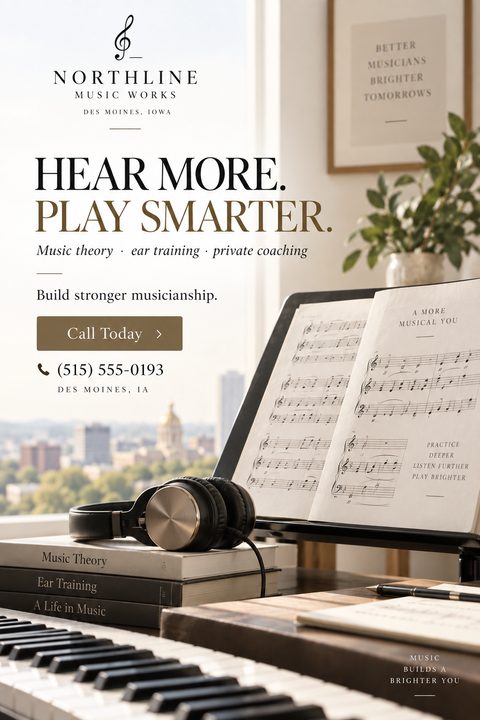 A flyer for music lessons featuring a piano keyboard, sheet music on a stand, headphones, and books titled 'Music Theory' and 'Ear Training' with a city view in the background.