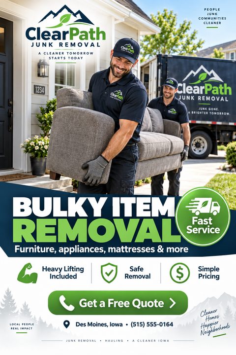 A junk removal flyer featuring two men carrying a sofa to a branded truck. Bold text reads "Bulky Item Removal" alongside icons for heavy lifting, safe removal, and simple pricing.