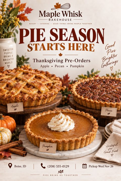 A rustic Thanksgiving flyer for a bakery taking pie pre-orders. It features mouth-watering photos of apple, pecan, and pumpkin pies surrounded by autumn leaves, pumpkins, and cinnamon sticks.
