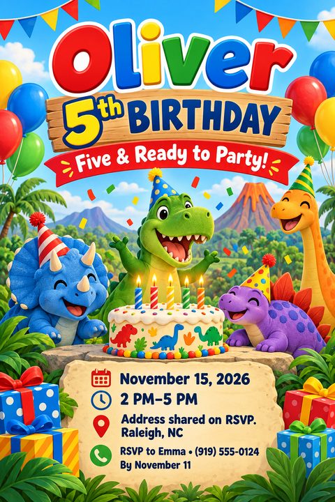 A colorful birthday party flyer featuring cartoon dinosaurs wearing party hats gathered around a birthday cake with candles. The background shows a prehistoric landscape with a volcano. Text includes 'Oliver 5th Birthday', 'Five & Ready to Party!'.