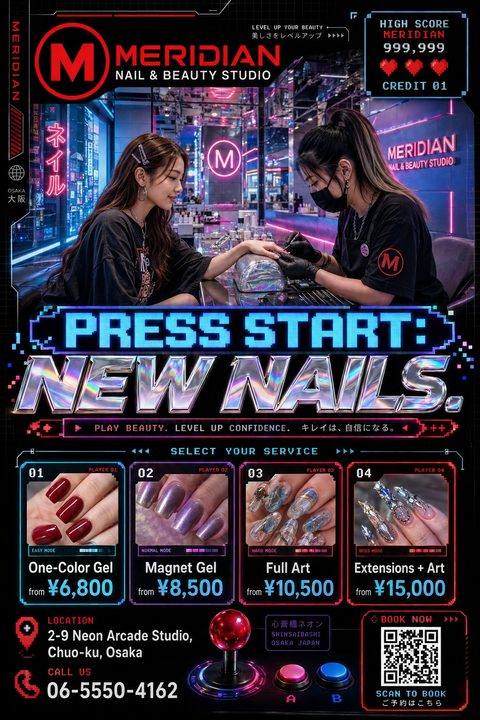 A neon cyberpunk-themed nail salon flyer resembling a retro arcade game screen. It features a photo of a nail technician working, pixelated text, health hearts, an arcade joystick, and four service price boxes.