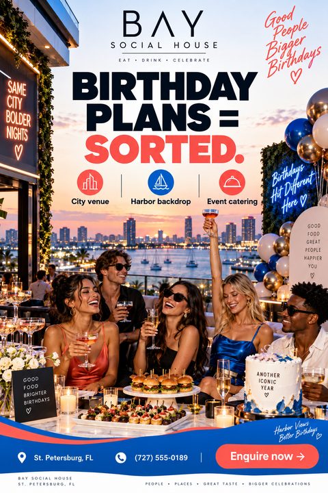 A vibrant flyer for birthday events featuring a group of friends celebrating with drinks and food on a rooftop terrace at sunset, with bold text 'BIRTHDAY PLANS = SORTED' and icons for venue features.