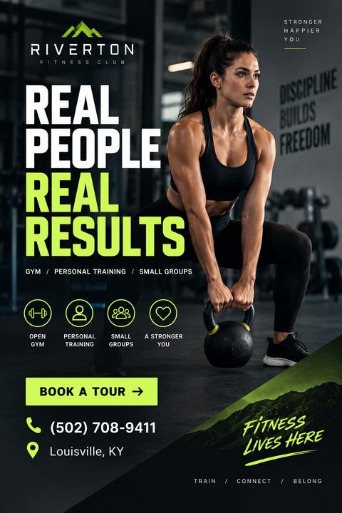 A dark, high-contrast fitness flyer featuring a woman lifting a kettlebell. Bold white and neon green text reads 'Real People Real Results' above icons for gym services and a 'Book a Tour' button.