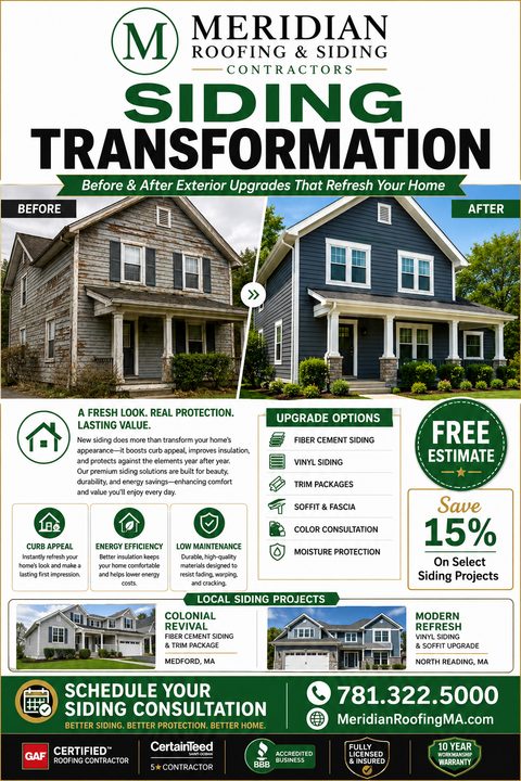 A flyer for Meridian Roofing & Siding Contractors titled 'Siding Transformation'. It features a large before-and-after photo of a house exterior, lists upgrade options, and offers a free estimate and 15% off.