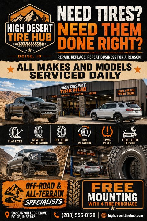 Flyer for High Desert Tire Hub featuring photos of a tire shop, a lifted truck, an SUV, and close-ups of tires. Bold orange and white text highlights services like flat fixes, new tire installation, and off-road tires.