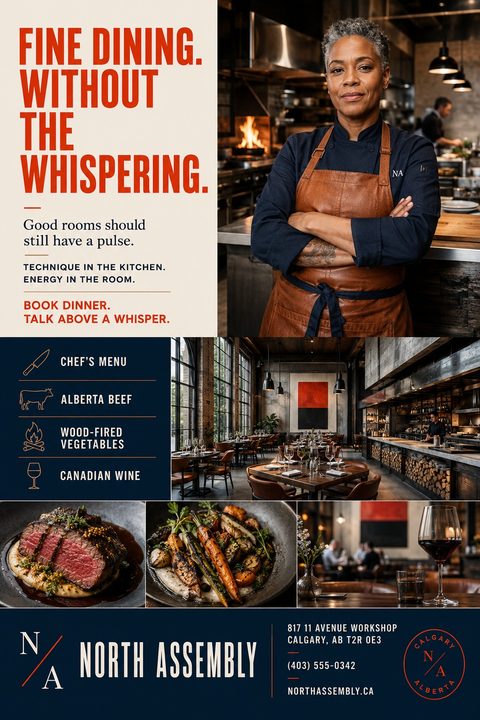 Modern restaurant flyer featuring a bold orange headline on a cream background. A photo grid showcases a female chef, an industrial-chic dining room, plated steak, roasted vegetables, and a glass of red wine.