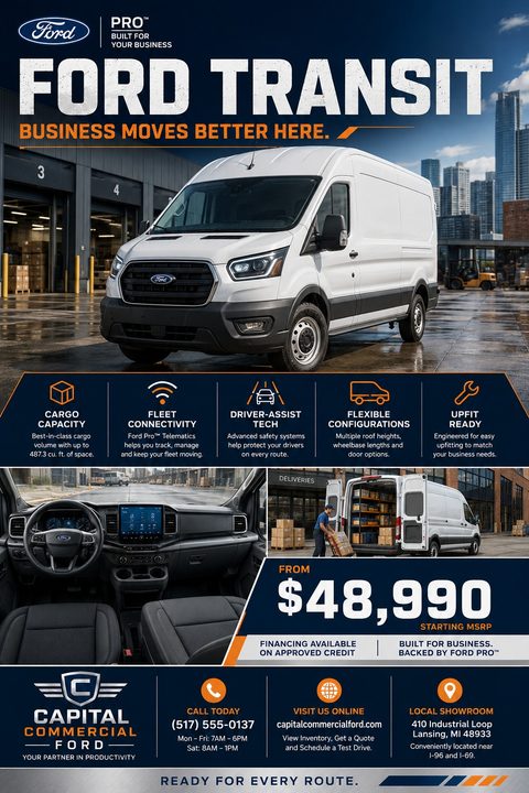 A commercial vehicle sales flyer featuring a large white van parked in an industrial area. The design uses a dark navy background with orange accents, highlighting vehicle features, interior photos, and a starting price.
