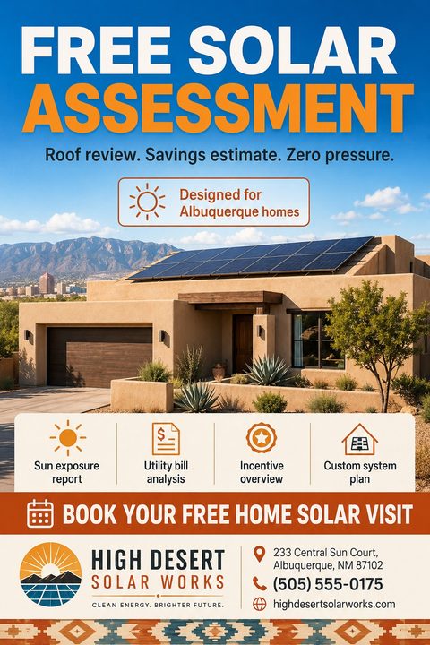 Flyer for a free solar assessment featuring a photo of a Southwestern-style stucco home with solar panels on the roof, set against a mountain backdrop. Text highlights a roof review, savings estimate, and zero pressure.