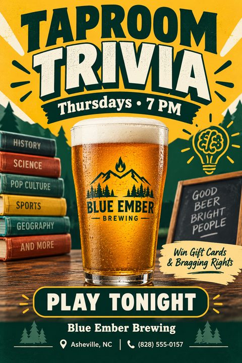 A flyer for Taproom Trivia at Blue Ember Brewing. It features a large, frosty pint of beer in the center, flanked by a stack of books labeled with trivia categories and a small chalkboard.