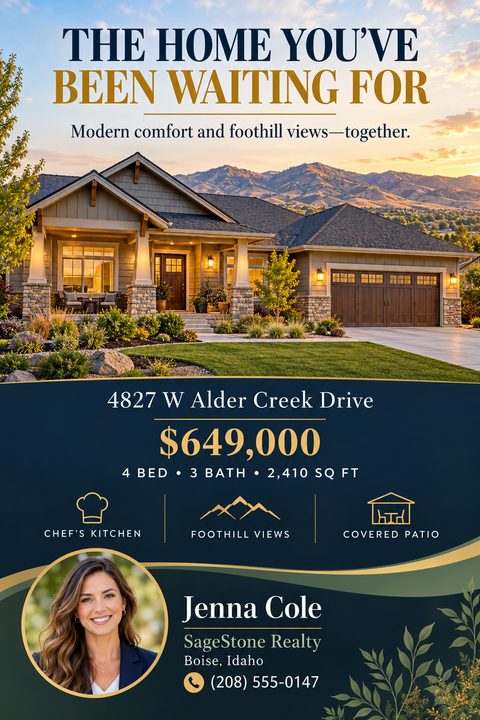 A real estate listing flyer featuring a large photo of a house against mountains. The bottom half has a navy background with gold text detailing the price, features, and agent contact information.