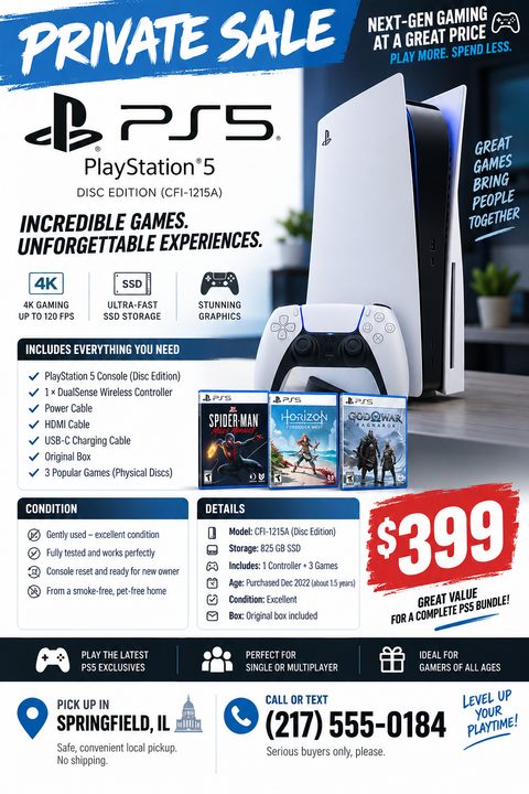 A flyer for a private sale of a PlayStation 5 console. It features a large image of the console, controller, and three games. Text details the specs, included items, condition, and a price of $399. Contact info is at the bottom.