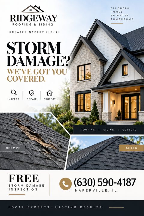 Flyer for Ridgeway Roofing & Siding offering storm damage repair. Shows a large modern house and before-and-after photos of a damaged shingle roof being repaired.