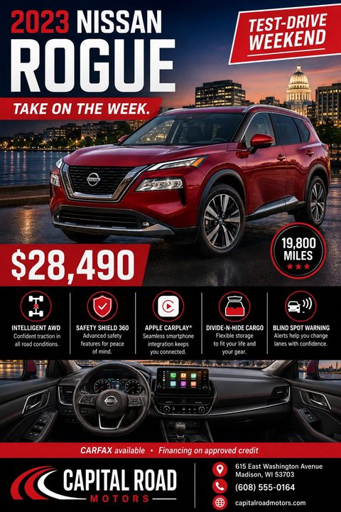 A bold red and black car sales flyer featuring a large exterior photo of a red SUV, a smaller interior dashboard shot, price, mileage, key features with icons, and dealership contact details.
