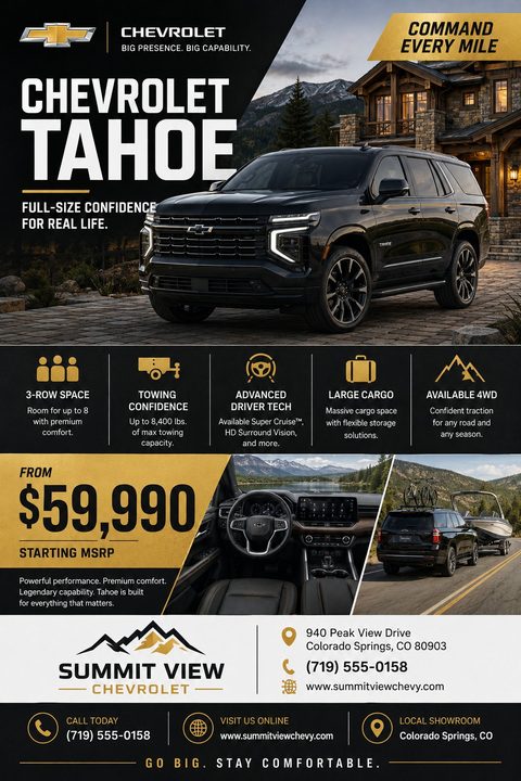 A car dealership flyer featuring a black SUV parked in front of a house. The flyer has a black and gold color scheme with sections for vehicle features, starting price, and dealership contact information.
