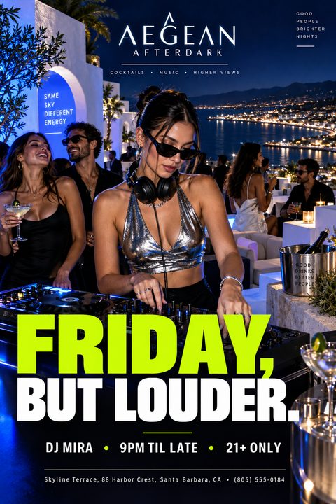 A flyer for a DJ night featuring a large photo of a female DJ playing at a rooftop bar at night. Bold neon yellow text reads "FRIDAY, BUT LOUDER." over the DJ equipment.