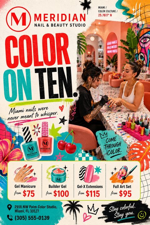 A vibrant, collage-style flyer for a nail studio featuring a photo of a technician painting a client's nails. It includes colorful graphics, nail polish bottles, and a price list for various manicure services.