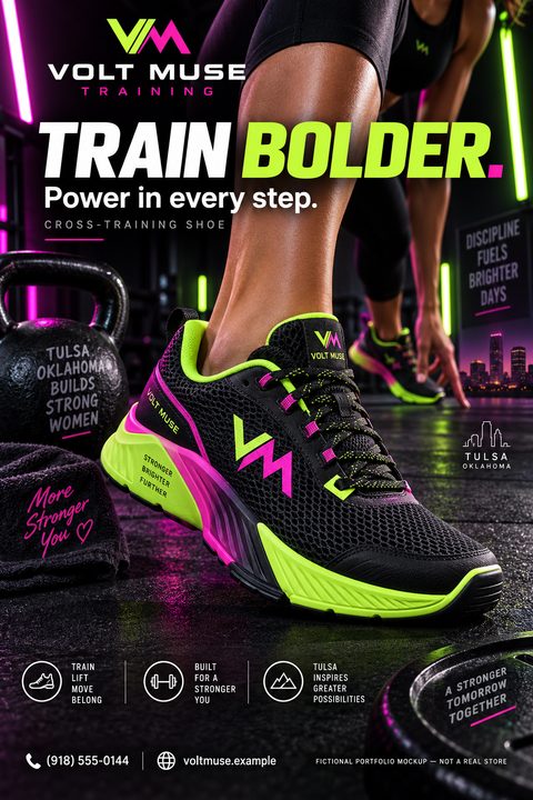 A high-energy flyer featuring a close-up of a person's foot wearing a black, neon pink, and green cross-training shoe in a gym setting with a kettlebell. Bold neon typography reads 'TRAIN BOLDER'.