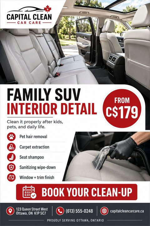 An auto detailing flyer featuring a large photo of a pristine SUV interior. It includes bold text, a red price circle, an icon-based service list, and a smaller photo of seat shampooing.