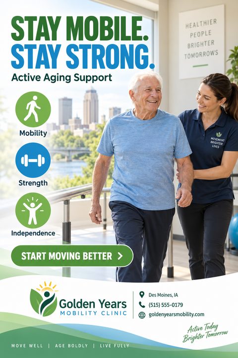 A flyer for a mobility clinic titled 'Stay Mobile. Stay Strong. Active Aging Support'. It features a photo of a smiling older man walking with the assistance of a female physical therapist. Icons highlight Mobility, Strength, and Independence. The.