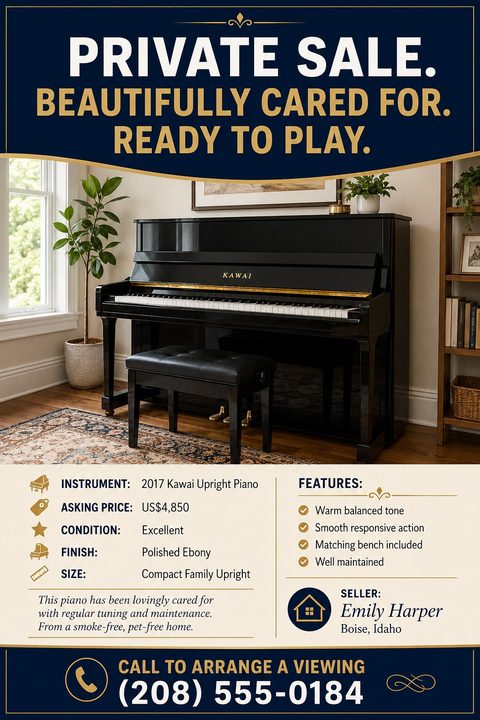Flyer for a private sale of a piano. Top section is navy blue with gold text 'PRIVATE SALE. BEAUTIFULLY CARED FOR. READY TO PLAY.' Below is a large photo of a black upright piano in a living room. Bottom section lists instrument details, asking.