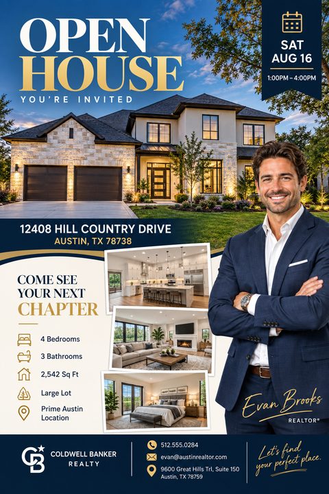 A real estate open house flyer with a navy blue and gold color scheme. It features a large exterior house photo, a realtor portrait, three interior photos, property details, and contact information.