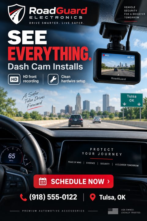 A flyer for dash cam installations featuring a view from inside a car looking out at a city skyline, with a dash cam mounted on the windshield.