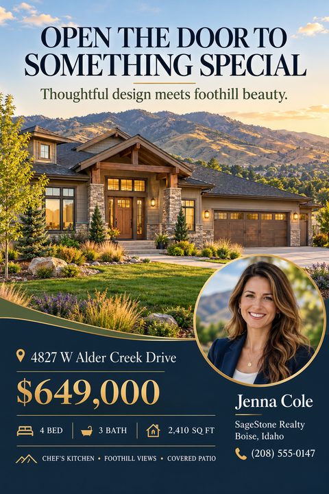 Real estate flyer template with a large photo of a house against foothills, a circular agent headshot, and property details in gold text on a navy blue background.