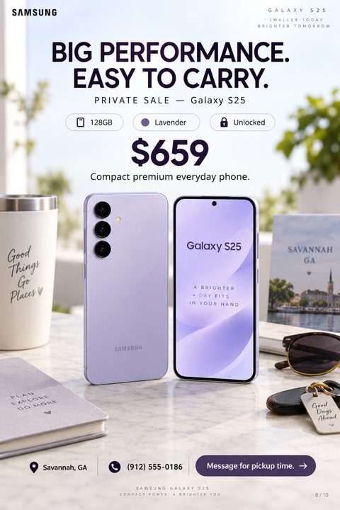 A modern flyer for selling a smartphone. It features a large photo of a lavender phone on a marble table with lifestyle items, a bold price, specification badges, and contact details at the bottom.
