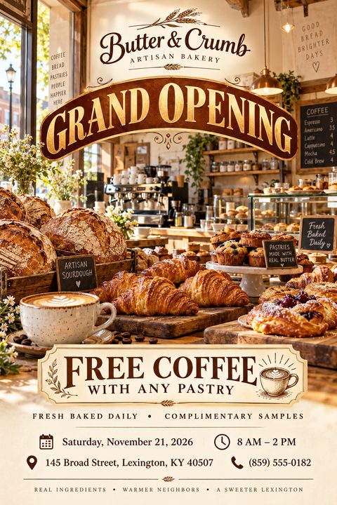 A rustic bakery grand opening flyer featuring a large photo of fresh sourdough bread, croissants, and coffee on a wooden counter. Vintage-style banners announce the opening and a free coffee promotion.
