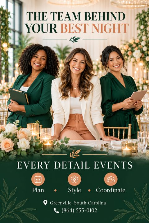 A professional event planning flyer featuring a photo of three smiling women behind a decorated table, with dark green and peach text highlighting planning and styling services.