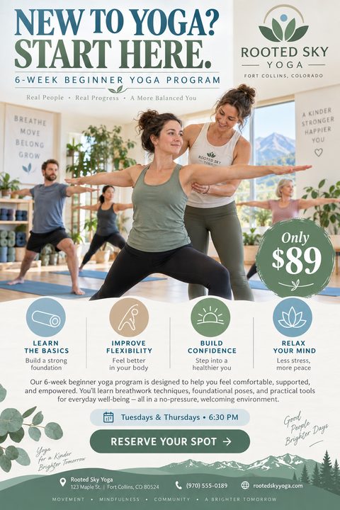Flyer for a 6-week beginner yoga program. Features a photo of a yoga instructor assisting a student in a bright studio. Includes sections for benefits, schedule, pricing, and contact information.