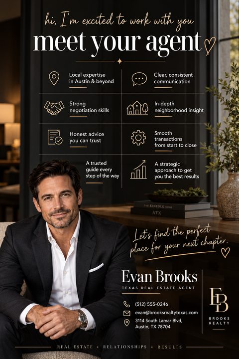 A dark-themed real estate agent introduction flyer titled 'meet your agent'. It features a large photo of a male agent, a grid of icons highlighting his skills, and his contact information at the bottom.